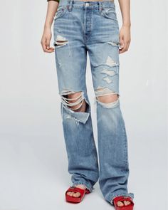 The Loose Long in Ripped and Faded is our take on the iconic long and loose denim from the 1990s meant to be worn slouched, baggy and puddled at the hem. Features a stoned medium indigo wash, an artfully designed destroy, and a classic button fly on 60s inspired rigid denim with a drag back hem. Dirty Jeans, Artfully Designed, Destroyed Denim, Girly Shoes, Long Jeans, The 1990s, Personal Shopping, Everyday Fashion, Night Out