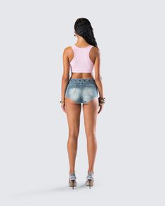 When temperatures rise, less clothes are needed…duh 💕 Featuring a pink ribbed tank top paired with blue belted denim mini shorts, this two-piece set is the perfect fit for all your summer shenanigans 😜 Denim Crop Top For Summer, Pink Short Crop Top For Summer, Pink Short Crop Top For Spring, Pink Casual Crop Top Short Length, Less Clothes, Summer Shenanigans, Pink Ribbed, Black Off Shoulder, Ribbed Tank Top