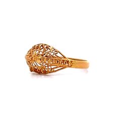 This exquisite modern filigree ring, crafted from 21 karat yellow gold, features an intricate design that highlights its rich, vibrant hue. The detailed filigree work is meticulously fashioned into delicate swirls and curves, creating a lace-like effect that captures and reflects light beautifully. This unique piece stands out whether worn alone or paired with other pieces, adding an artistic and sophisticated look to any ensemble. Platinum Rose Gold, Sapphire Solitaire, Filigree Ring, Shop Engagement Rings, Intricate Design, Cocktail Ring, Vintage Art Deco, Cocktail Rings, Pave Diamonds