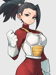 an anime character with long black hair and green eyes, wearing a red suit and white gloves