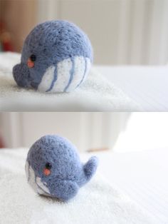 two pictures of a stuffed animal that looks like a fish with orange eyes on it