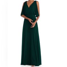 Details Turn Heads In Your Direction As You Twirl Across The Floor In This Lux Chiffon Blouson Maxi Dress. Sassy Split Sleeves Add A Tasteful Touch, While A Modified Circle Skirt Flows Gracefully As It Moves With You Evergreen Color Size 8 Nwot Flowy Viscose Floor-length Maxi Dress, Green Cotton V-neck Maxi Dress, Evergreen Color, Green V-neck Maxi Dress With Button Closure, Vibrant Green V-neck Maxi Dress, After Six, Circle Skirt, Bodice, Split