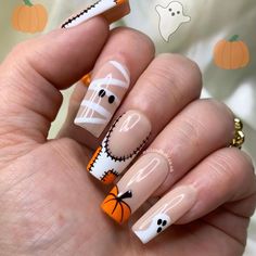 Mummy French Tip Nails, Patch Work Nail Art, Medium Square Halloween Nails, Patch Nail Art, Halloween Nails Pumpkin Design, Halloween French Tip Nails Square, Pumpkin Ghost Nails, Ghost And Pumpkin Nails, Mummy Halloween Nails