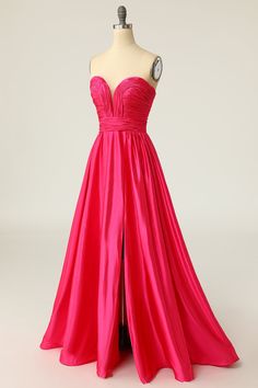 Pink Bridesmaid Dress For Prom Season, Pink Evening Dress With Sweetheart Neckline And Sweep Train, Pink Evening Dress With Sweep Train And Sweetheart Neckline, Floor-length Satin Dress With Folds, Pink A-line Strapless Dress For Prom, Pink Gown With Sweetheart Neckline For Prom, Strapless Sweetheart Neckline Dress With Pleated Bodice For Prom, Strapless Ball Gown With Pleated Bodice For Party, Pink Strapless Floor-length Dress For Formal Occasions