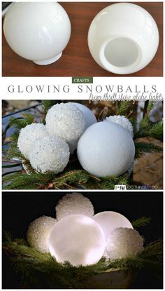 three different pictures showing how to make snowballs with white frosted balls and pine needles