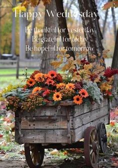 a wagon filled with lots of flowers on top of a field