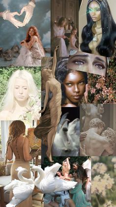 the collage shows many different images of women in white dresses, and one woman with long hair