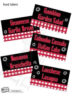 four red and black labels with the names of three different foods