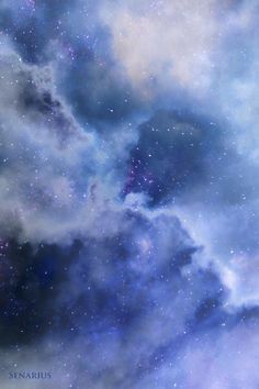 the sky is filled with clouds and stars in blue, purple, and white colors