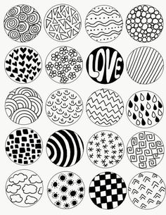 black and white circles with the word love in each one, all drawn by hand