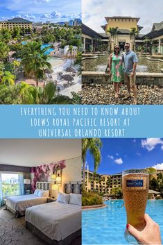 two people standing next to each other in front of a pool and resort with the words, everything you need to know about loew's royal pacific resort at universal island resort