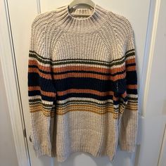 Oatmeal And Multicolored Striped Mock Turtleneck Sweater Long Enough To Wear With Leggings Size Medium Nwt Casual Cream Color Block Sweater, Casual Oatmeal Sweater For Winter, Casual Oatmeal Sweater For Fall, Casual Long Sleeve Oatmeal Sweater, Oatmeal Long Sleeve Sweater For Fall, Casual Cream High Neck Sweater, Mock Turtleneck Sweater, Universal Thread, Mock Turtleneck