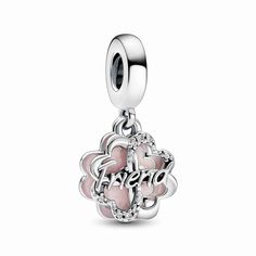 A twist on a well-known symbol of luck, our Four-leaf Clover Friendship Double Dangle Charm shines with a message of love and appreciation. Crafted from sterling silver, it features cut-out hearts coming together to form a four-leaf clover on one dangle. The other dangle, also clover-shaped, is covered in powder pink enamel on one side and an engraving on the other: "Lucky to have you".� The perfect addition to a friendship bracelet. Pink Pandora Charms, Mini Record Player, Pandora Bracelet Ideas, Pandora Bracelet Charms Ideas, Pandora Charms Bracelet, Pandora Jewelry Rings, Charms Pandora, Bracelet Pandora, Lucky To Have You