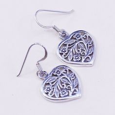 Vintage sterling silver handmade earrings, floral 925 filigree heart, stamped 925 Filigree Heart, Eagle Ring, Savannah Ga, Brooches Handmade, Handmade Earrings, Vintage Sterling Silver, Savannah, Handmade Silver, Jewelry Earrings Dangle