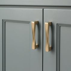 two brass handles on the front of a gray cabinet