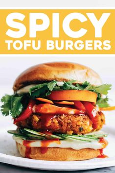 the cover of spicy tofu burgers, with an image of a chicken sandwich