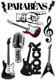 various stickers that include guitars, guitars and other musical instruments with the words parabens on them