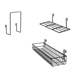 three black and white drawings of hanging dish racks, one with two hooks on each side