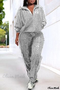 OliviaMark - Zweiteiliges Set aus schwarzem Pailletten-Patchwork - Casual Style mit Reißverschluss, Plus Size Silver Photoshoot Ideas, Mix N Match Outfits, Match Outfits, Plus Size Two Piece, Sequin Jacket, Just Style, Striped Jacket, Top Pants Set, Style Noir