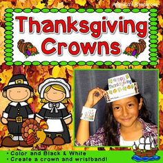 a thanksgiving themed poster with a girl and boy dressed up in pilgrim costumes, holding a turkey hat