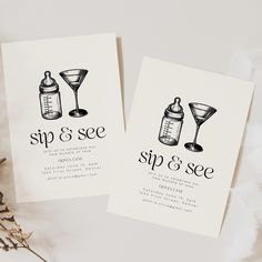 two cards that say sip & see and have drinks in them next to each other