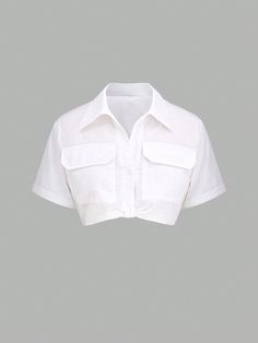 White Casual Collar Short Sleeve Woven Fabric Plain Shirt Embellished Non-Stretch  Women Clothing White Blouse Crop Top, Blusas Crop Top, Blusas Top, Half Shirts, Plain Shirt, Women Blouses, Plain Shirts, Crop Top Blouse