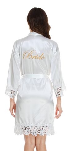 PRICES MAY VARY. [MATERIAL]: The Bride and Bridesmaid robes are made of Ultra-Luxe And Silky-Soft satin fabric [DESIGN]: Half sleeve; Sexy Lace Trim Design; With delicate Embroidery lettering "Bride" "Bridesmaid" and "Maid of Honor" on back. [OCCASIONS]: Perfect choice for wedding day, getting ready, bridal shower, sleeping, bathing and lounging. The robes for bridesmaids are also a premium wedding gift for bridal party. [SIZE]: One Size, Fits the body type of most people.Bust: 50.4inch; Length: Bride And Bridesmaid Robes, Bridal Robes Getting Ready, Kimono Bride, Bridesmaid And Maid Of Honor, Robes For Bridesmaids, Wedding Day Getting Ready, Short Kimono Robe, Wedding Robe, Short Kimono