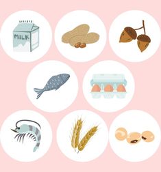 different types of food are shown in the circle on this pink and white background,