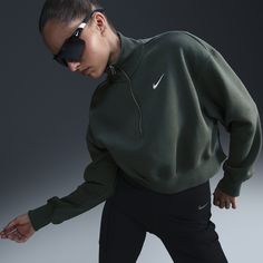 Grounded in style, comfort and versatility, meet our take on luxury loungewear. This 1/2-zip sweatshirt is cropped for a trend-right look, while taller ribbing at the hem, cuffs and collar adds structure to the overall fit. Made from midweight fleece, it's sure to be one of your new cold-weather favorites. Nike Sportswear Phoenix Fleece, Cosy Vibes, Luxury Loungewear, Black Dress Trousers, Loungewear Luxury, Nike Sweater, Denim Shirt Dress, Women Lifestyle, Cropped Sweatshirt