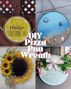 four different pictures with the words diy pizza and sunflowers hanging on them