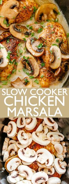 chicken and mushrooms cooking in a skillet with the words slow cooker chicken marsala