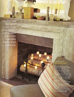 the fireplace is decorated with candles and decorations