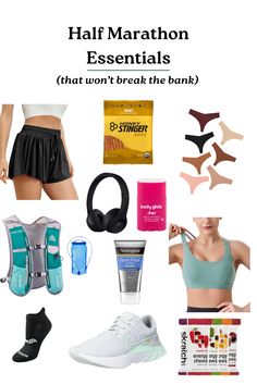 the contents of a woman's gym outfit including headphones, water bottle and other items