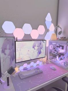 a desk with a computer, keyboard and mouse on it in front of some hexagonal lights