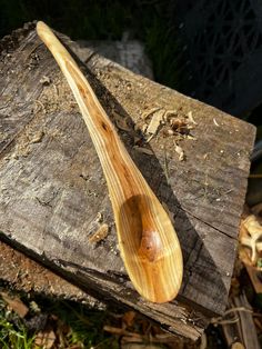 a wooden spoon sitting on top of a piece of wood