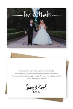 wedding thank card with an image of the bride and groom in tuxedos on their wedding day