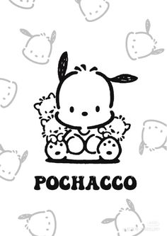 a black and white drawing of a pochaco sitting on top of some strawberries