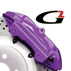 a purple brake cover on top of a white disc with the words g2 written below it