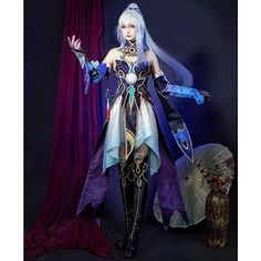 Blue Fantasy Cosplay Costume For Cosplay Events, Blue Fantasy Cosplay Costume For Events, Fantasy Blue Cosplay Costume, Blue Fantasy Cosplay Costume, Fantasy Style Cosplay Costume For Cosplay Events, Elven Cosplay Costume For Themed Events, Fantasy Cosplay Costume For Role Play, Elven Costume Accessories For Cosplay, Anime Style Purple Costume For Fantasy Events