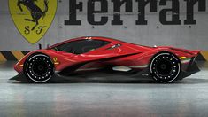 a red sports car parked in front of a ferrari logo on a wall with black rims