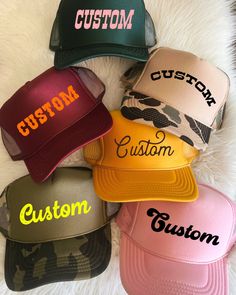 Choose from our wide range of unique fonts and color combinations to create your own customized trucker hat! Each trucker hat is high crown, foam with terry lining inside, with a snap back adjustment.  Please select your hat color and text color. Add your number of font selection and personalized text on personalization option. After purchase is complete, we will follow up with a message to you within 48 hours with a mock-up for you to approve before we make it! Trucker Hat With Letter Print And Flat Bill, Customizable 5-panel Snapback Hat, Fun Letter Print Baseball Cap With Flat Bill, Fun Letter Print Flat Bill Baseball Cap, Fun Flat Bill Baseball Cap With Letter Print, Hip Hop 5-panel Hat With Letter Print, Trendy Letter Print Snapback Hat For Outdoor, Trendy Snapback Hat With Letter Print For Outdoor, Hip Hop Trucker Hat With Letter Print Visor