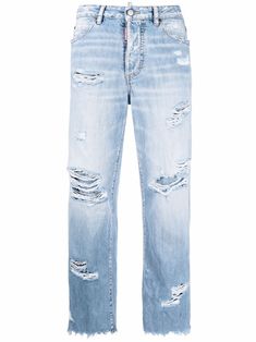 Light blue cotton distressed straight-leg jeans from DSQUARED2 featuring logo patch to the rear, distressed effect, ripped detailing, belt loops, classic five pockets, straight leg and cropped. Ankle Length Jeans, Versace Outfit, City Dress, Summer Beach Wear, Cotton Logo, Distressed Jeans, Straight Jeans, Patch Logo, Straight Leg Jeans