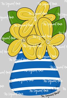 a blue and white striped vase with yellow flowers in it's center, on a gray background