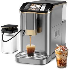 an espresso machine is shown with a cup of coffee next to the machine