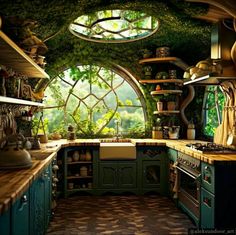 a kitchen with an arched window and lots of green plants growing on the wall above it