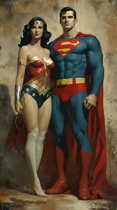 a painting of a man and woman dressed as superman and wondergirl standing next to each other