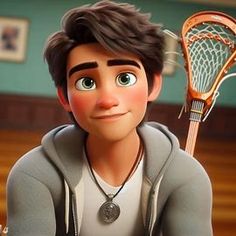 an animated character holding a tennis racquet in front of a room with wood floors