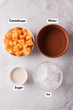 the ingredients to make chocolate pudding are shown in bowls, including sugar, water, and butter