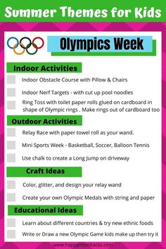 an olympic week checklist with the words summer themes for kids to use on it