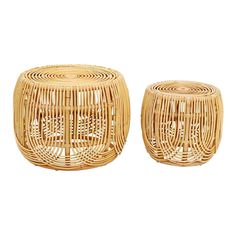 two wicker stools sitting next to each other on top of a white background